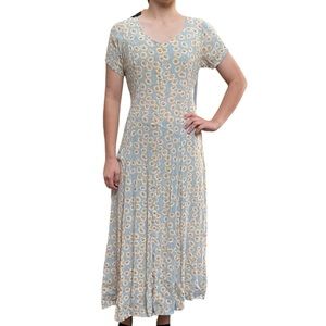 Vintage 90s Pale Green Daisy Dress A-line Skirt Scoop Neck Button Front S M